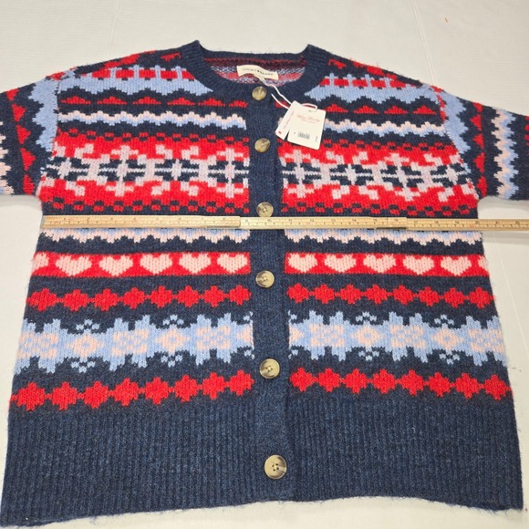Lucky Brand Fair Isle Heart Cardigan Sweater Navy Red Blue 5BI005 Womens M NEW - Picture 7 of 13